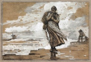 Winslow Homer (American, 1836–1910), Fisher Girl with Net, 1882. Graphite, gouache, and gray wash on gray laid paper, 11 3/8 x 19 1/4 in. (28.9 x 48.9 cm). Sterling and Francine Clark Art Institute, Williamstown, Massachusetts, 1955.1485