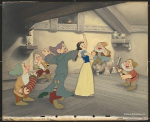 “Snow White Dancing with Dopey and Sneezy. Doc, Happy, Bashful, Sleepy Playing Music.” Disney Studio Artist Reproduction cel setup; ink and acrylic on cellulose acetate. Courtesy Walt Disney Animation Research Library. ©Disney.