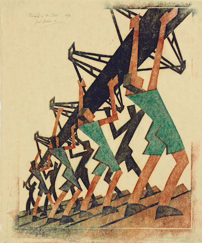 Sybil Andrews (English, 1898–1992), Bringing in the Boat, 1933. Color linocut on paper, 14 9/16 x 12 3/16 in. Daniel Cowin Collection © Glenbow, Calgary, 2014