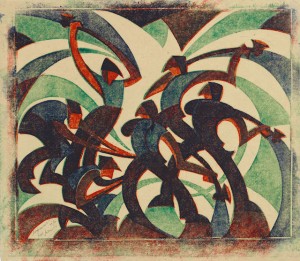 Sybil Andrews (English, 1898–1992), Sledgehammers, 1933. Color linocut on paper, 11 13/16 x 13 9/16 in. Daniel Cowin Collection © Glenbow, Calgary, 2014 