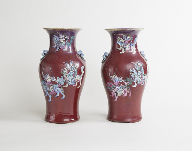 Pair of porcelain vases, warriors on dragons. Collection of Berkshire Museum; photo by David Dashiell.