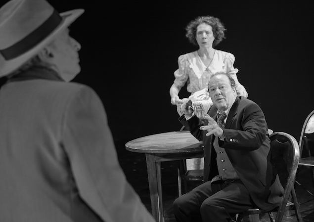 (l-r) Itzy Firestone (Uncle Ben), Avi Hoffman (Willy Loman), Suzanne Toren (Linda) in 'Death of a Salesman' (photo Ronald L Glassman)