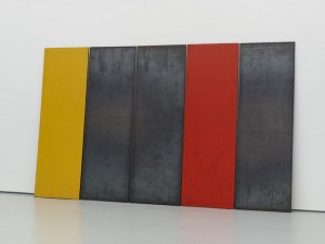 Richard Nonas, Steel Drawing, 5 Plates: One Red, One Yellow, 1988. Oil paint on steel.