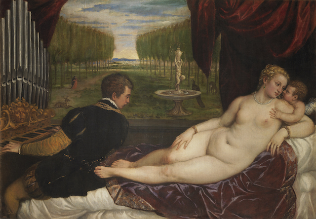 Titian (Tiziano Vecelli) (Italian [Venetian], c. 1488–1576), Venus with an Organist and Cupid, c. 1550–1555. Oil on canvas, 59 1/8 x 85 7/8 in. © Photographic Archive. Museo Nacional del Prado, Madrid